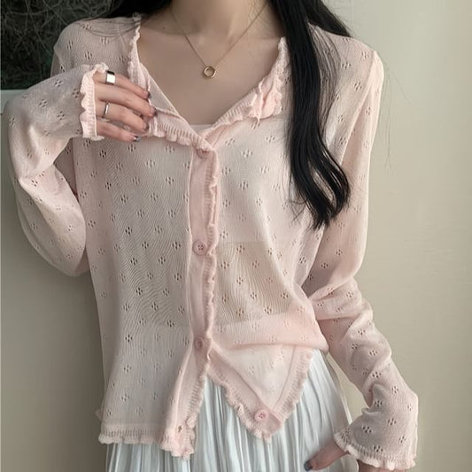 Pointelle Lettuce Knit Cardigan Edge Plain