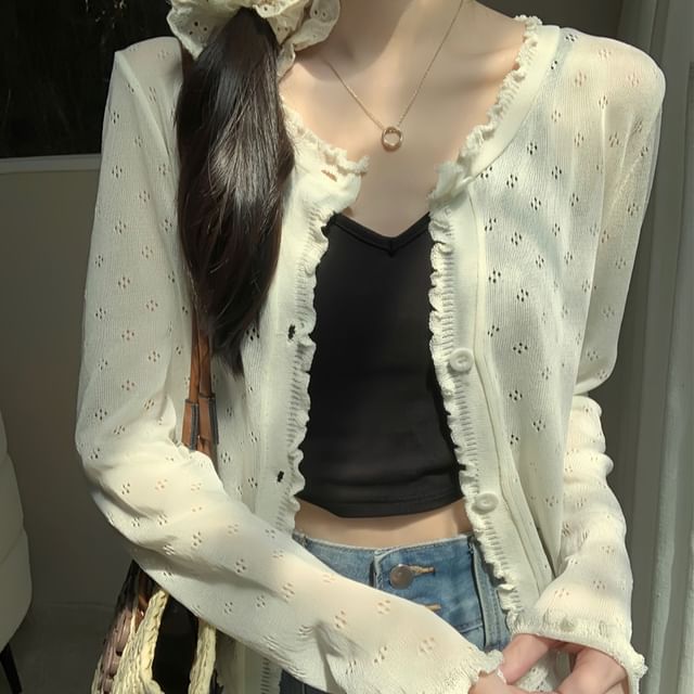 Pointelle Lettuce Knit Cardigan Edge Plain