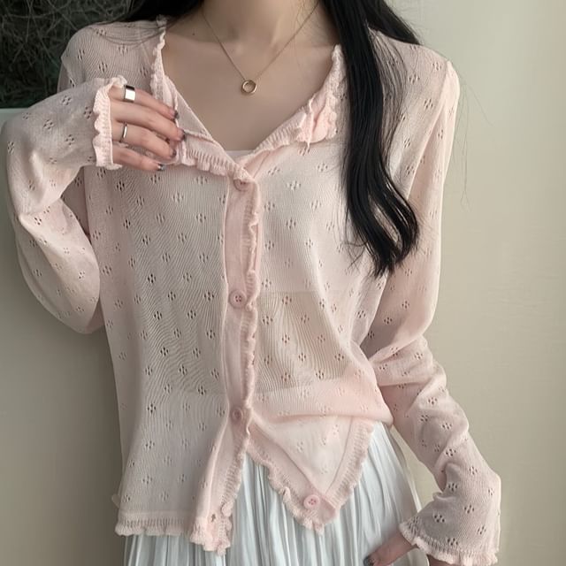 Pointelle Lettuce Knit Cardigan Edge Plain