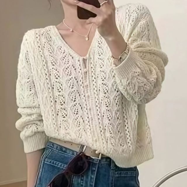 Button Pointelle Knit Pearl Cardigan Plain V-Neck Faux