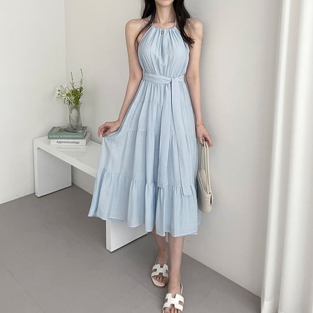 Tiered Midi A-Line Dress with Thin Straps