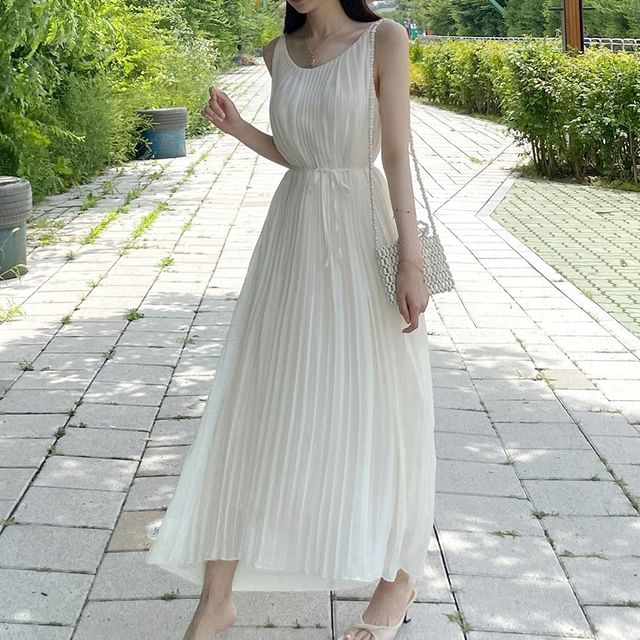 Maxi A-Line Dress with Thin Straps and Pleated Waist