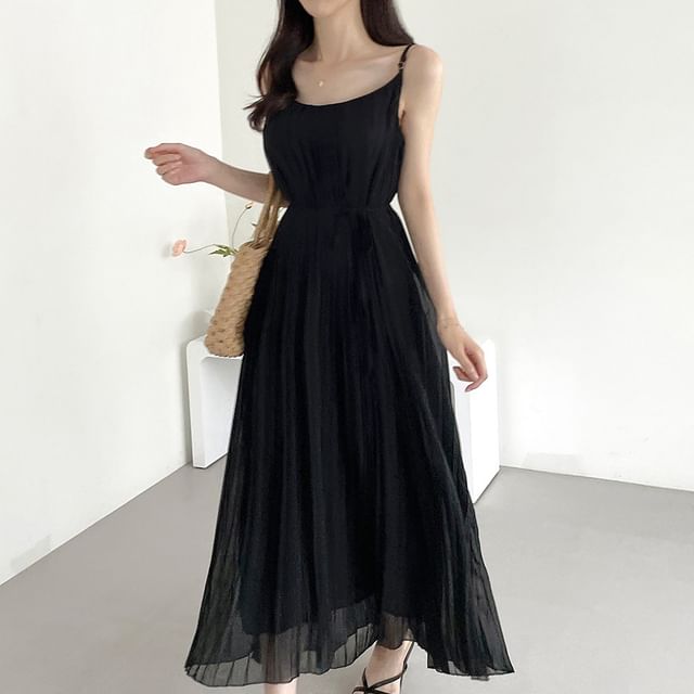 Maxi A-Line Dress with Thin Straps and Pleated Waist