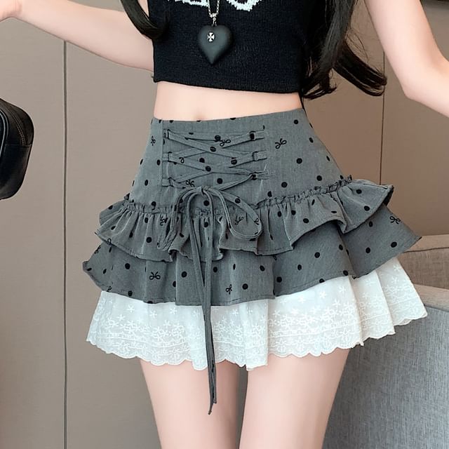 High Panel Waist Lace Skirt Bow Mini A-Line Dotted Tiered