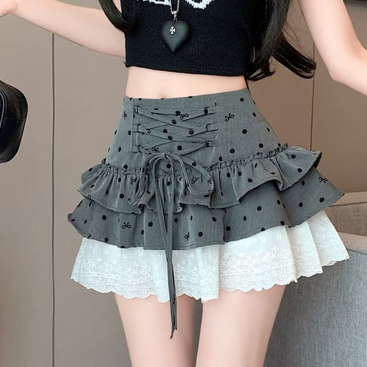High Panel Waist Lace Skirt Bow Mini A-Line Dotted Tiered