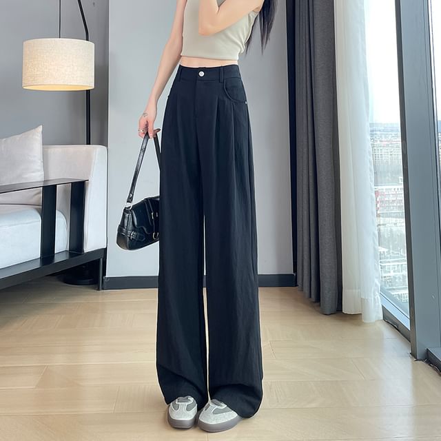 Leg Plain Slacks Wide High Rise (Various Designs)