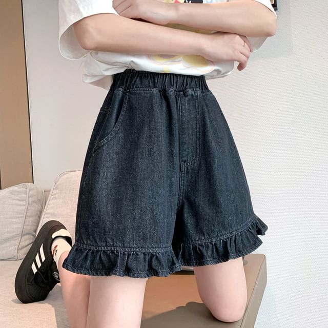 Denim Trim Waist Shorts Elastic Ruffle