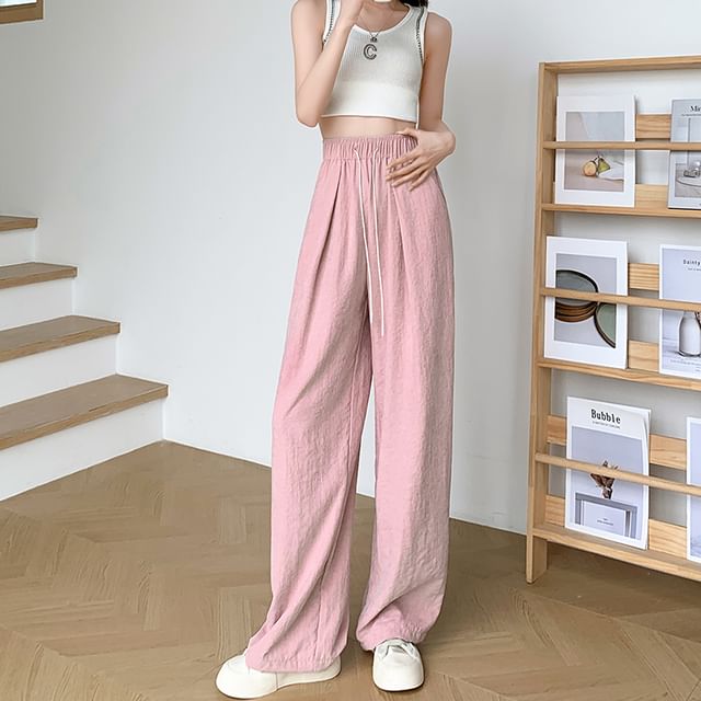 Drawstring Wide Plain Leg Pants Waist