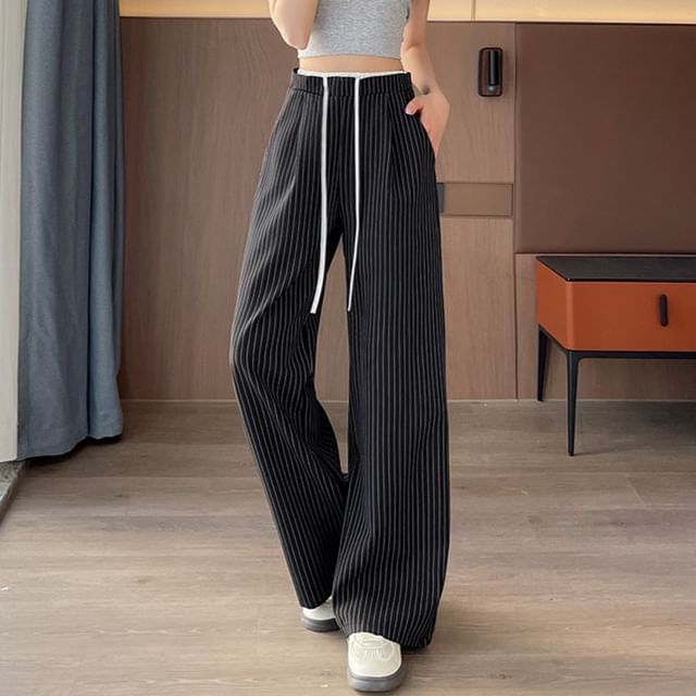 Pants Drawstring Designs) (Various Waist Wide Leg Pinstriped