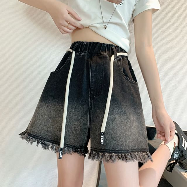 Denim Drawstring Waist Washed Fringed Shorts