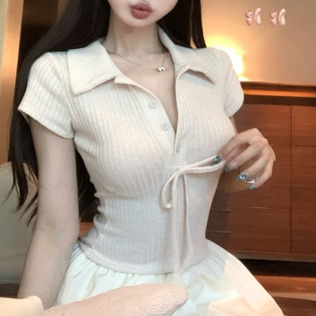 Ribbed Mini Two-Piece Panel Dress Mock Collar Short-Sleeve Knit Bubble Hem Bow A-Line
