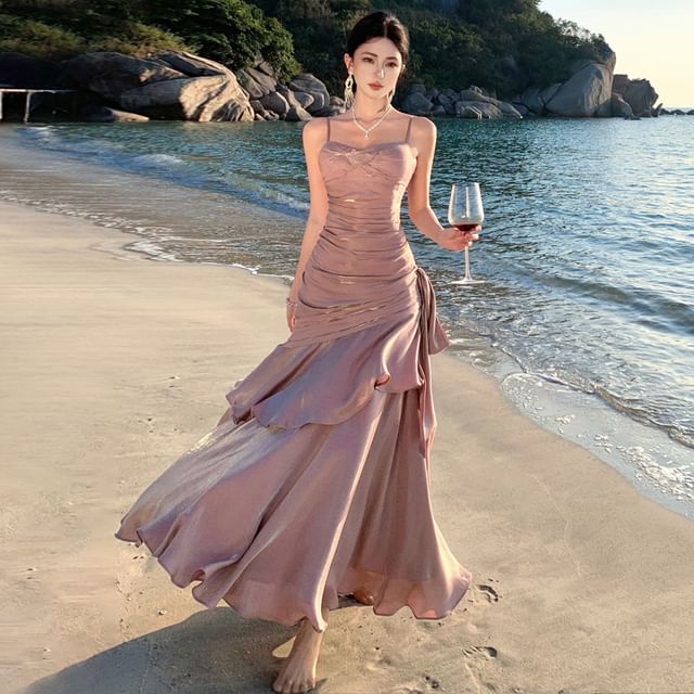 Sweetheart Neck Ruffle Trim Mermaid Evening Dress with Spaghetti Straps