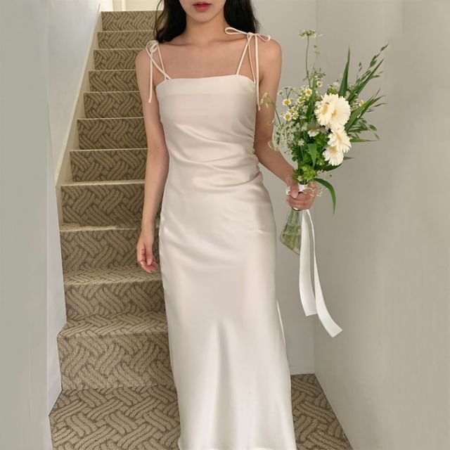 Satin Midi Bodycon Dress with Tie-Shoulder Detail