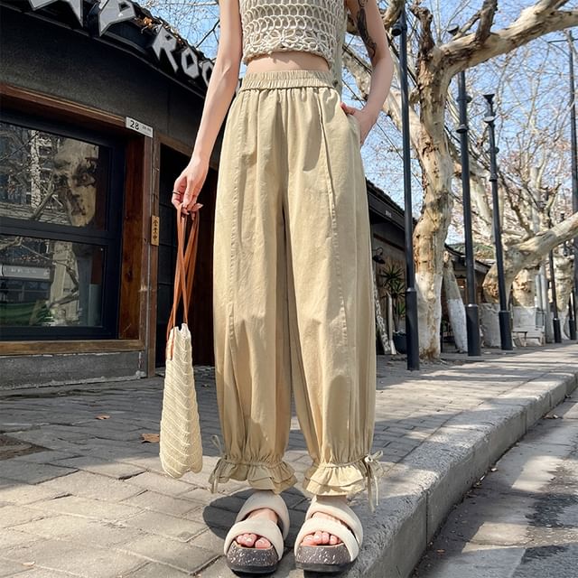 Harem Trim Pants Cropped Ruffle Bow Elastic Plain Waist