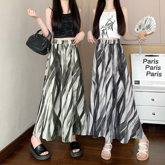 A-Line Waist Print Midi Elastic Skirt
