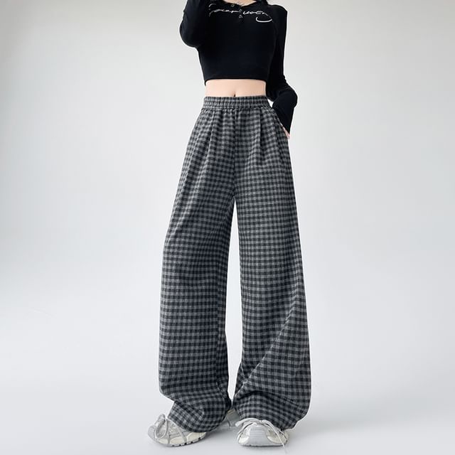 (Various Elastic Designs) Leg Plaid Pants Wide Waist