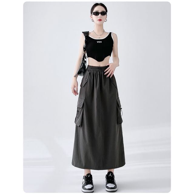 Skirt Midi Slit A-Line Cargo Plain Waist Drawstring