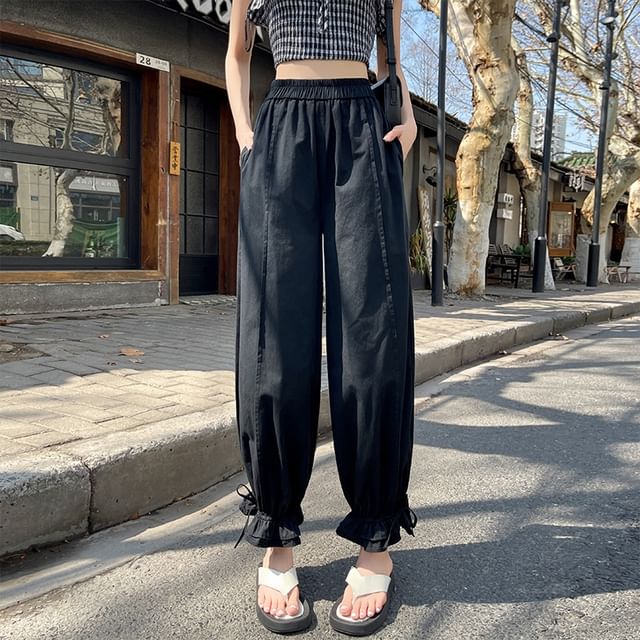 Harem Trim Pants Cropped Ruffle Bow Elastic Plain Waist