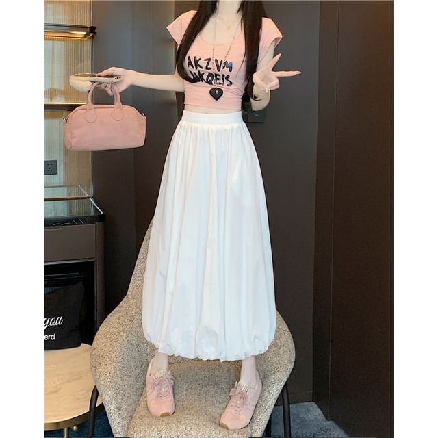 Bubble Waist Skirt High Plain Midi A-Line Hem