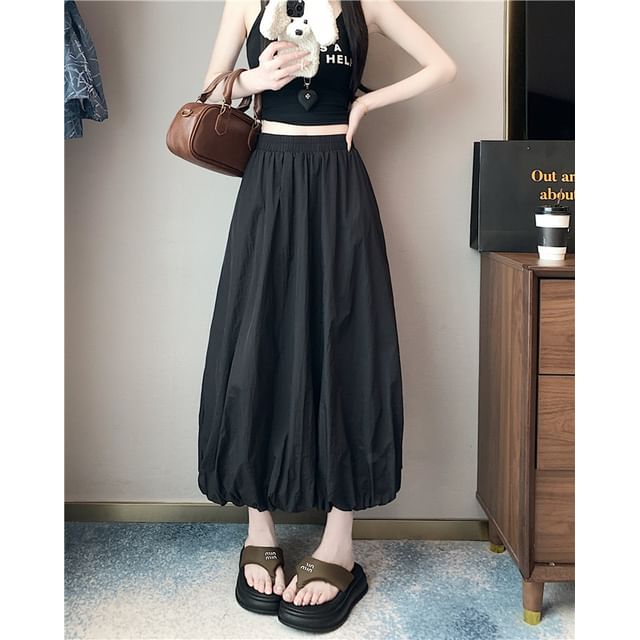 Bubble Waist Skirt High Plain Midi A-Line Hem