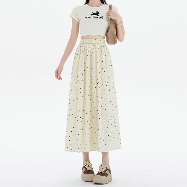A-Line Dotted Elastic Skirt Waist Midi