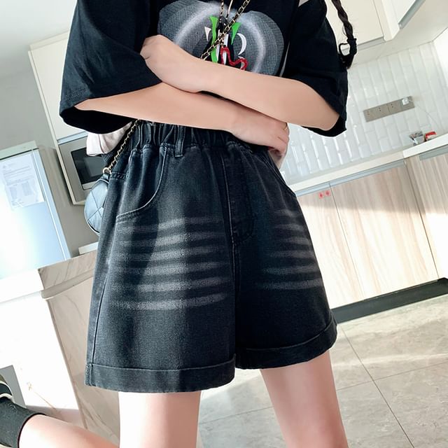 Elastic Shorts Waist Washed Denim