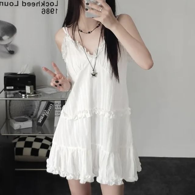 Frill Trim Mini A-Line Dress with V-Neck and Thin Straps