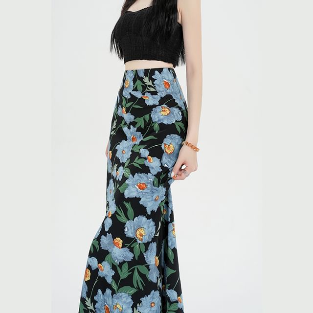 Floral Waist High Skirt A-Line Maxi