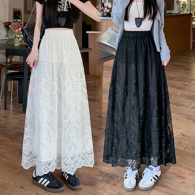 High Waist A-Line Trim Maxi Embroidered Skirt Flower Lace