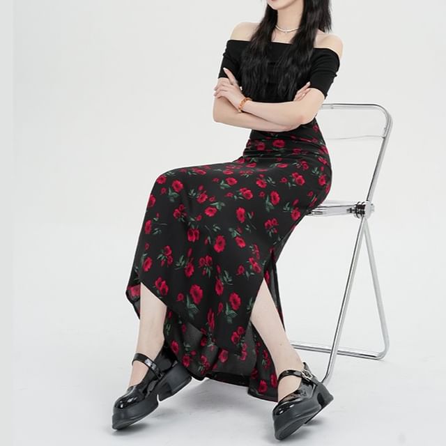 Skirt High A-Line Maxi Floral Waist