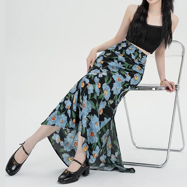 Floral Waist High Skirt A-Line Maxi