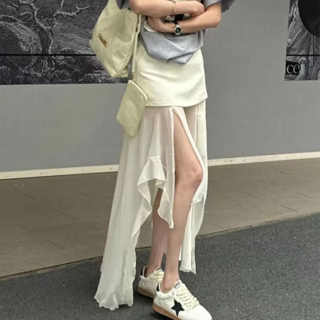 Asymmetrical Waist High Maxi Plain Skirt Straight