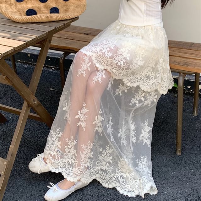 Trim A-Line High Lace Waist Flower Maxi Embroidered Skirt