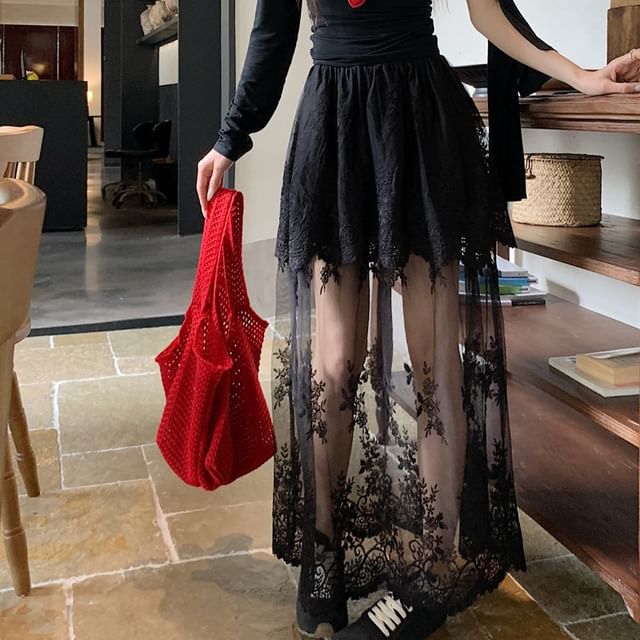 Trim A-Line High Lace Waist Flower Maxi Embroidered Skirt