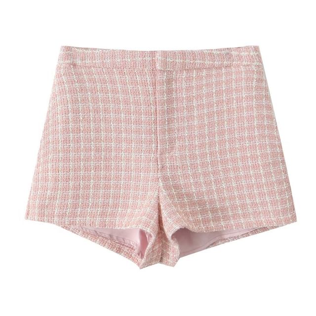 Long-Sleeve Round Neck Tweed Cropped Button Up Jacket / High Waist Tweed Shorts