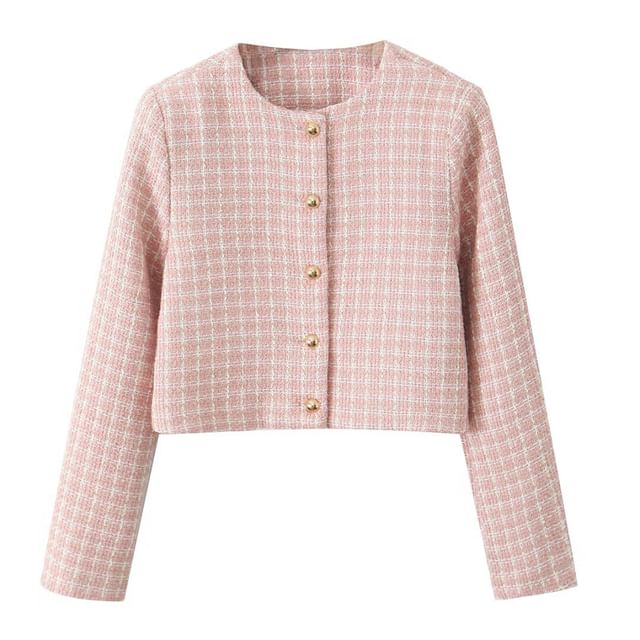 Long-Sleeve Round Neck Tweed Cropped Button Up Jacket / High Waist Tweed Shorts