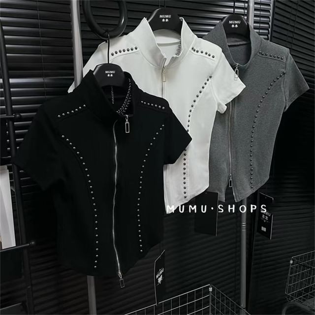 Fit Zip Plain T-Shirt Slim Turtleneck Short-Sleeve Studded