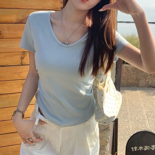 T-Shirt Ruched Short-Sleeve V-Neck Plain