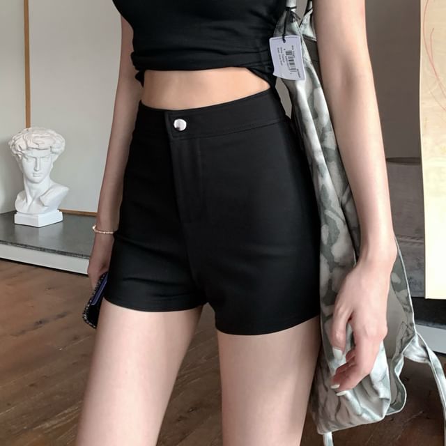 Slim High Shorts Waist / V-Neck Tee Fit Mock Short-Sleeve Lace Two-Piece Plain Trim