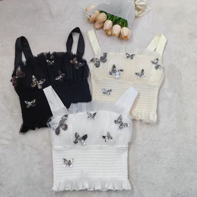 Slim Sequin Tank Butterfly Top Fit Padded Crop Panel Mesh