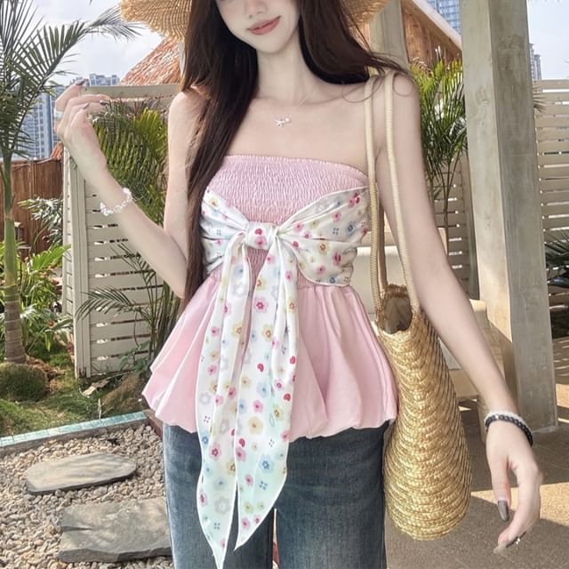 Bow Top Tube Peplum Floral