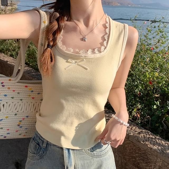 Square Neck Trim Fit Slim Tank Lace Top Bow
