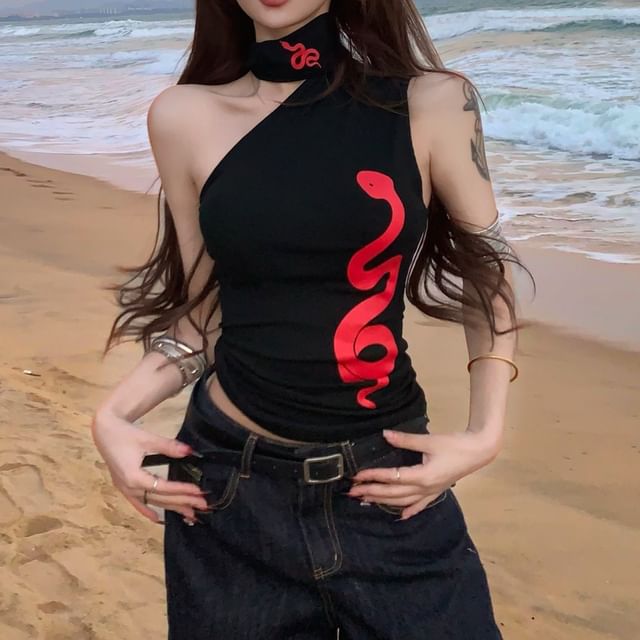 Print One-Shoulder Halter Fit Slim Tank Top Snake
