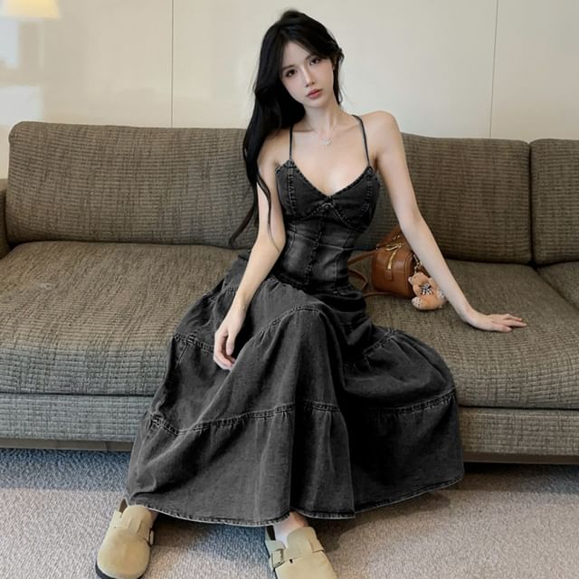 Washed Denim Maxi A-Line Dress with Tiered Button Front