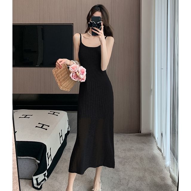Knit Midi A-Line Dress with Thin Straps