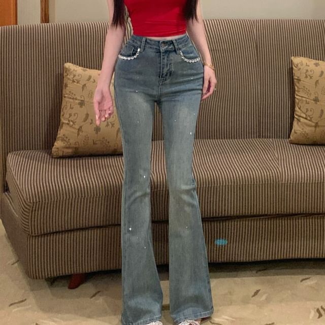 Washed Bootcut Rise Mid Trim Jeans Rhinestone