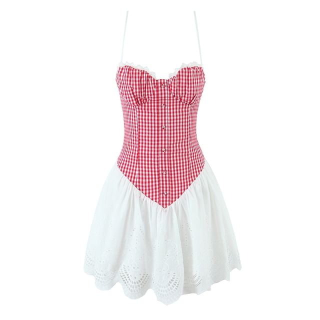 Plaid Panel Mini A-Line Corset Dress with Thin Straps