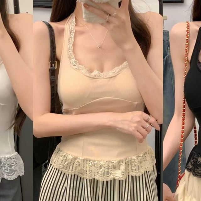 Open-Back Halter Crop Top with Lace Panel - LaceLux