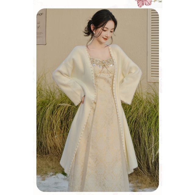 Jacquard Fringed Midi A-Line Dress with Faux Pearl Cardigan Set