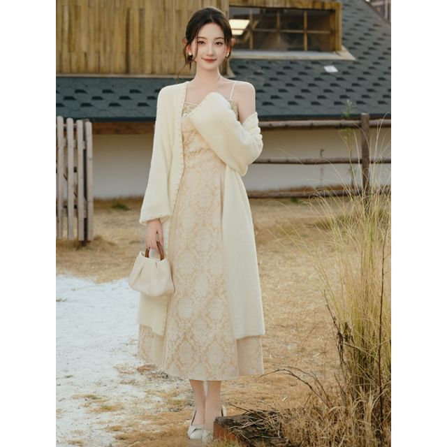 Jacquard Fringed Midi A-Line Dress with Faux Pearl Cardigan Set